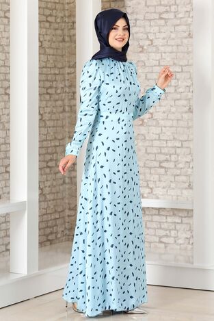 İpek Saten Desenli Elbise Mavi - Fashion Showcase Design - FSC3043 