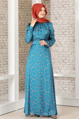 İpek Saten Desenli Elbise Petrol - Fashion Showcase Design - FSC3043 