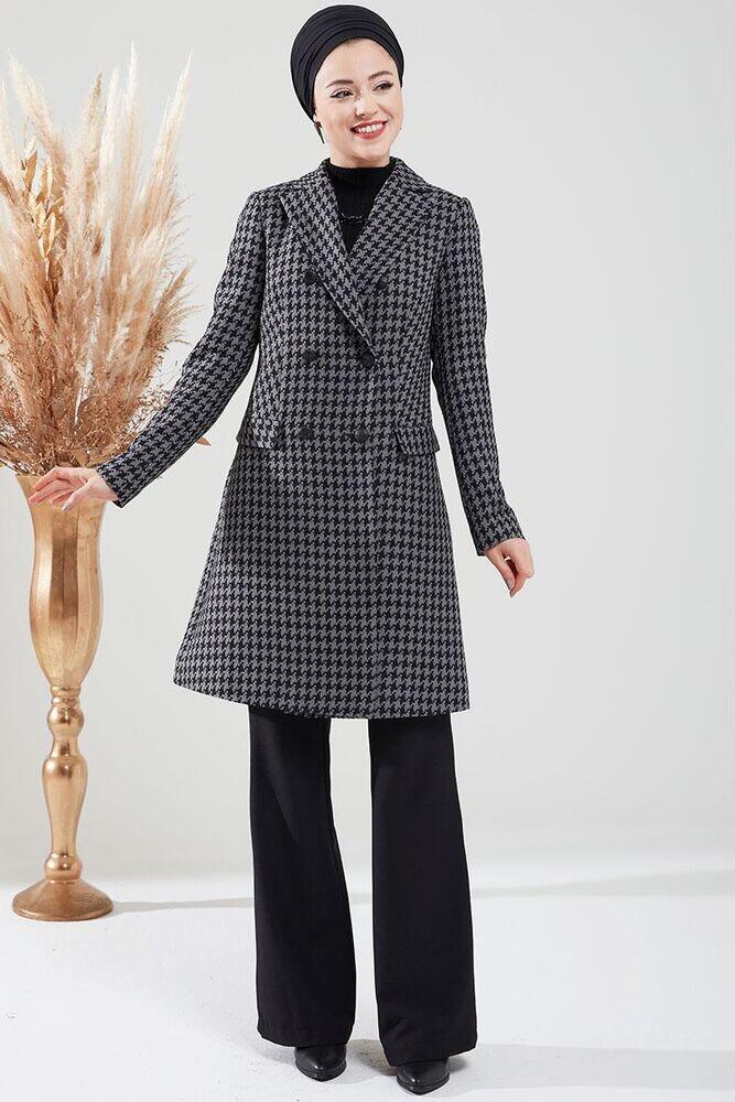 Kazayağı Desenli Kaban Gri - Dresslife Tesettür Giyim - ALM2091 