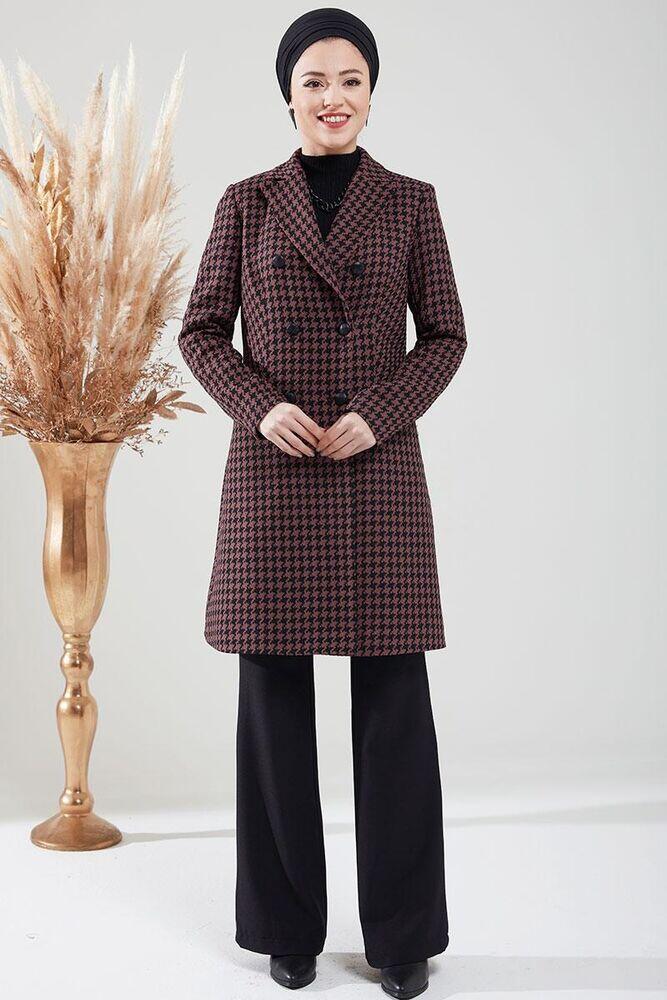 Kazayağı Desenli Kaban Mürdüm - Dresslife Tesettür Giyim - ALM2091 