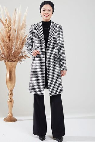 Kazayağı Desenli Kaban Siyah - Dresslife Tesettür Giyim - ALM2091 