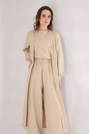 Keten Kuşaklı Kimono - Bej - FSC3111 - Fashion Showcase Design