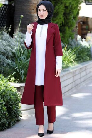 Kol Detaylı Üçlü Takım Bordo - MDV1097 