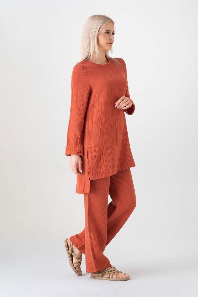 Müslin %100 Doğal Pamuk Ayda Tesettür Takım - Kiremit - WNR2030 