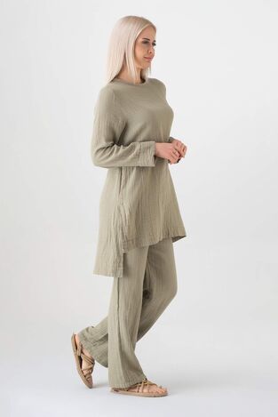 Müslin %100 Doğal Pamuk Ayda Tesettür Takım - Yeşil - WNR2030 - Wenor