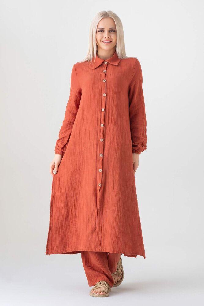 Müslin Kumaş %100 Doğal Pamuk Nergis Uzun Pantolonlu Tesettür Takım - Kiremit - MSLNNRGSTK - Wenor