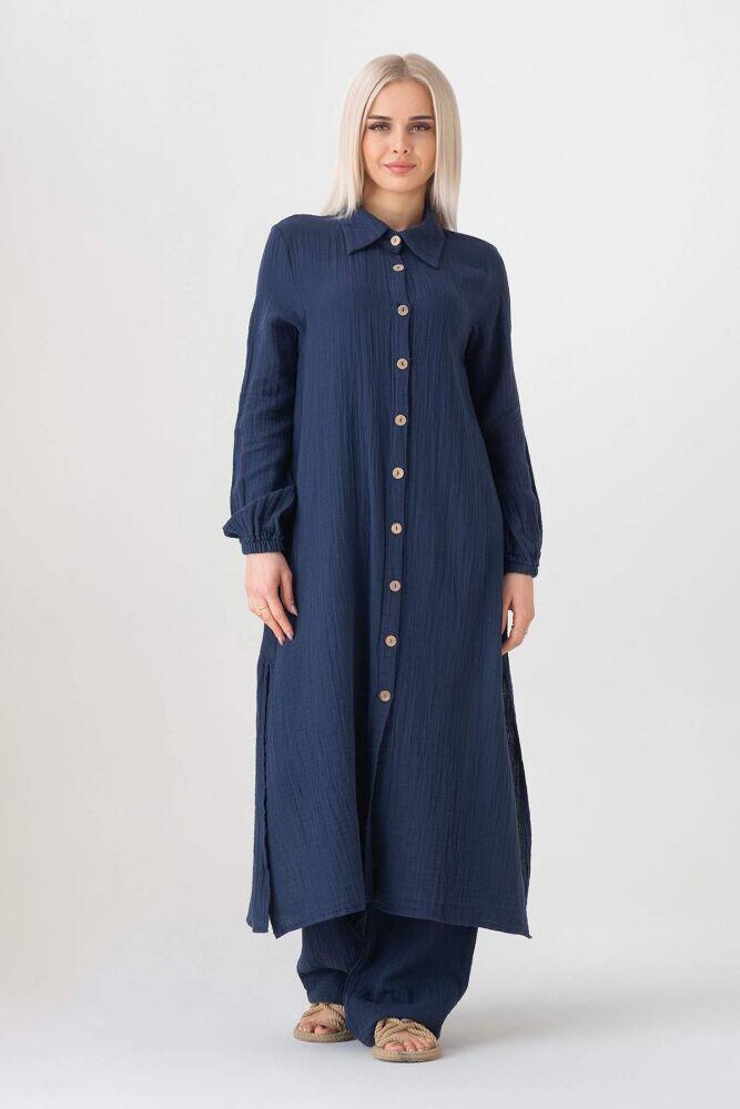 Müslin Kumaş %100 Doğal Pamuk Nergis Uzun Pantolonlu Tesettür Takım - Lacivert - MSLNNRGSTK - Wenor