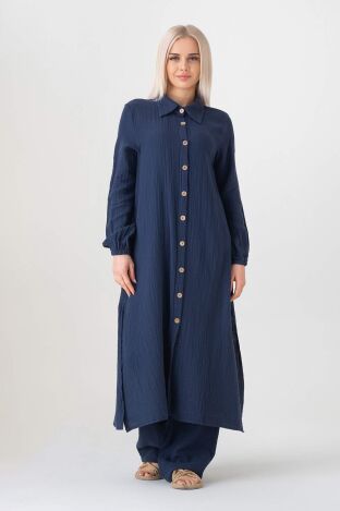 Müslin Kumaş %100 Doğal Pamuk Nergis Uzun Pantolonlu Tesettür Takım - Lacivert - MSLNNRGSTK - Wenor