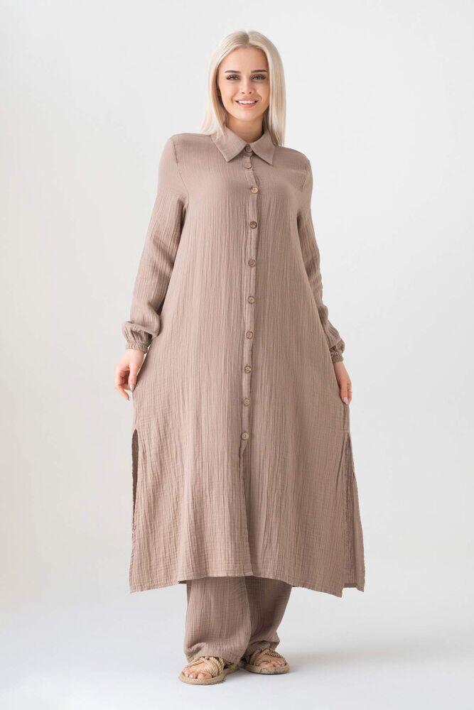 Müslin Kumaş %100 Doğal Pamuk Nergis Uzun Pantolonlu Tesettür Takım - Vizon - MSLNNRGSTK - Wenor