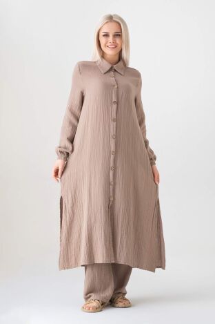 Müslin Kumaş %100 Doğal Pamuk Nergis Uzun Pantolonlu Tesettür Takım - Vizon - MSLNNRGSTK - Wenor