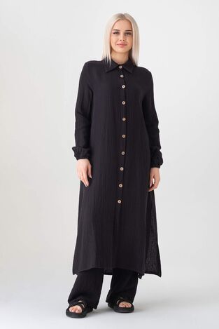 Müslin Kumaş %100 Doğal Pamuk Uzun Nergis Tunik Tesettür - Siyah - WNR2069 