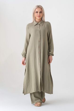 Müslin Kumaş %100 Doğal Pamuk Uzun Nergis Tunik Tesettür - Yeşil - WNR2069 