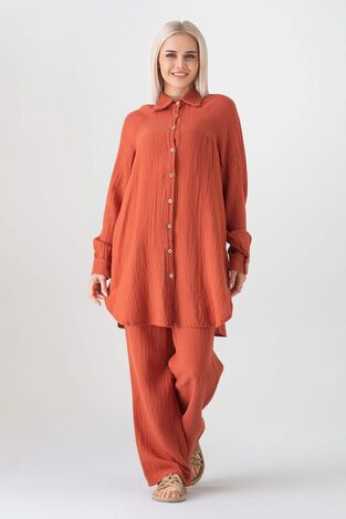 Müslin Kumaş %100 Pamuk Reglan Kol Bayan Gömlek - Kiremit - WNR2512 - Wenor