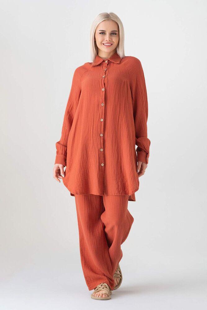 Müslin Kumaş %100 Pamuk Reglan Kol Bayan Gömlek - Kiremit - WNR2512 - Wenor