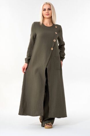 Müslin Kumaş Düğme Detay Önden Yırtmaçlı %100 Pamuk Tesettür Tunik - Haki - WNR2502 - Wenor