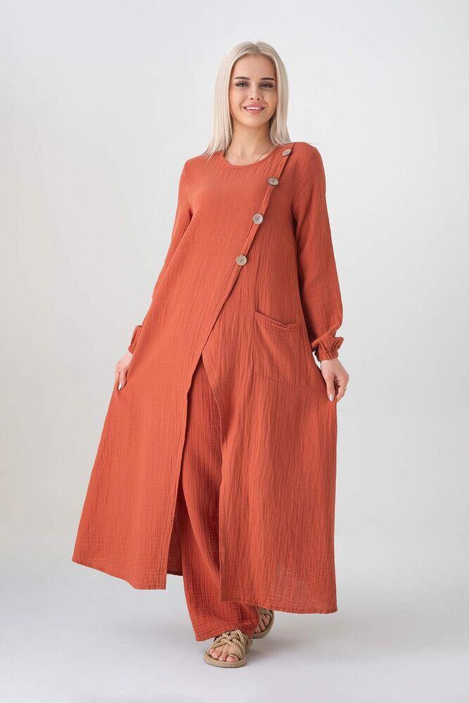 Müslin Kumaş Düğme Detay Önden Yırtmaçlı %100 Pamuk Tesettür Tunik - Kiremit - WNR2502 - Wenor