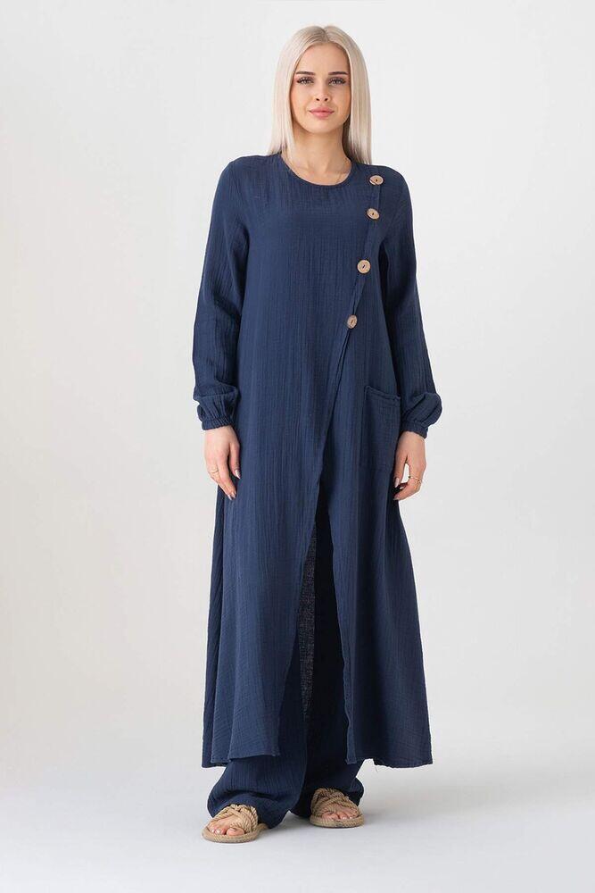 Müslin Kumaş Düğme Detay Önden Yırtmaçlı %100 Pamuk Tesettür Tunik - Lacivert - WNR2502 - Wenor