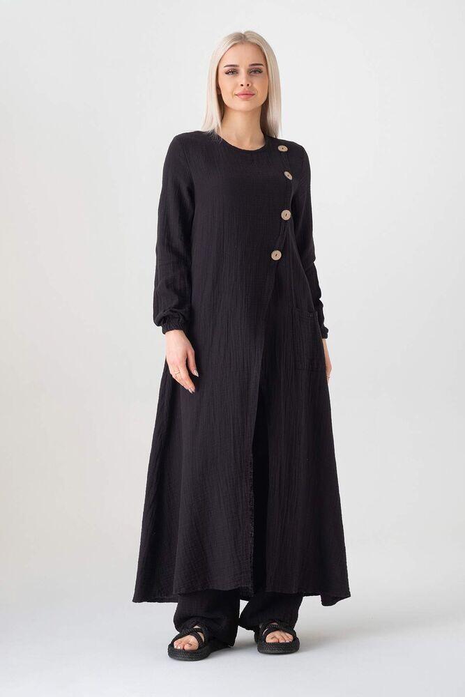 Müslin Kumaş Düğme Detay Önden Yırtmaçlı %100 Pamuk Tesettür Tunik - Siyah - WNR2502 - Wenor
