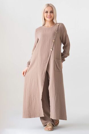 Müslin Kumaş Düğme Detay Önden Yırtmaçlı %100 Pamuk Tesettür Tunik - Vizon - WNR2502 