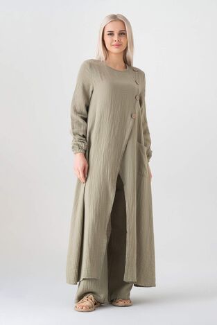 Müslin Kumaş Düğme Detay Önden Yırtmaçlı %100 Pamuk Tesettür Tunik - Yeşil - WNR2502 