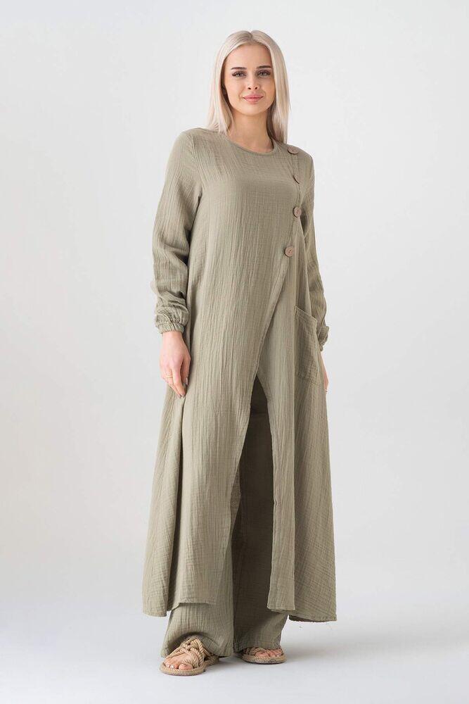 Müslin Kumaş Düğme Detay Önden Yırtmaçlı %100 Pamuk Tesettür Tunik - Yeşil - WNR2502 - Wenor