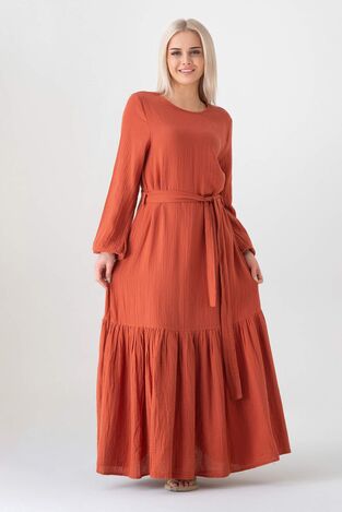 Müslin Kumaş Eteği Büzgü %100 Pamuk Günlük Yazlık Tesettür Elbise - Kiremit - WNR2523 - Wenor