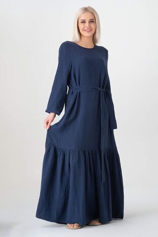 Müslin Kumaş Eteği Büzgü %100 Pamuk Günlük Yazlık Tesettür Elbise - Lacivert - WNR2523 - Wenor