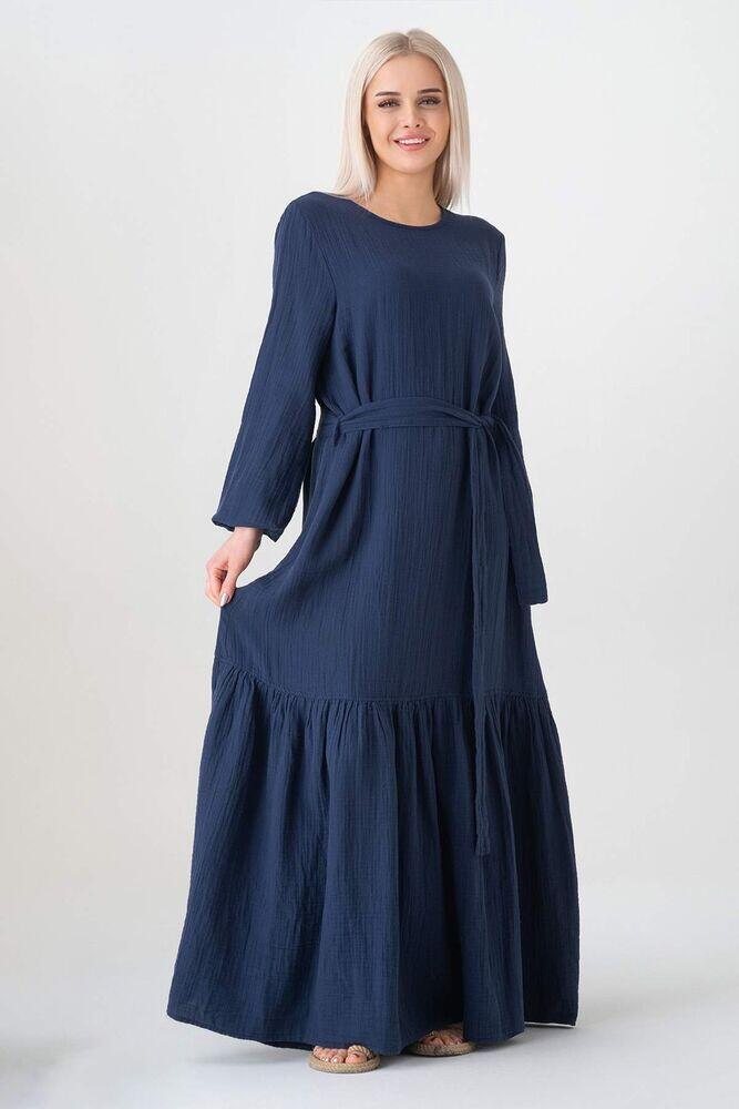 Müslin Kumaş Eteği Büzgü %100 Pamuk Günlük Yazlık Tesettür Elbise - Lacivert - WNR2523 