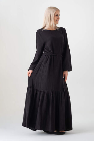 Müslin Kumaş Eteği Büzgü %100 Pamuk Günlük Yazlık Tesettür Elbise - Siyah - WNR2523 - Wenor