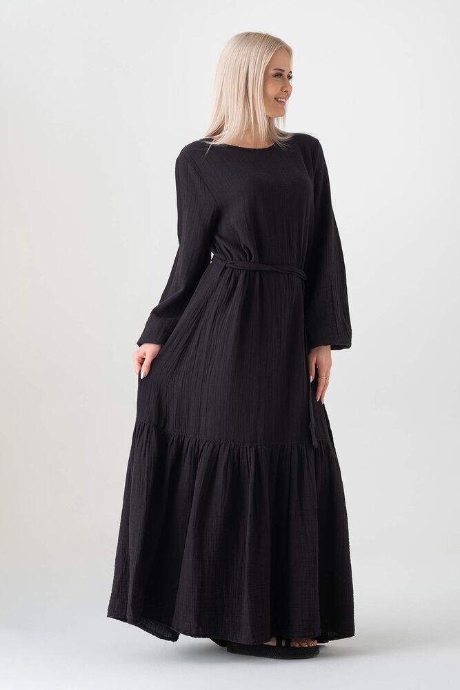 Müslin Kumaş Eteği Büzgü %100 Pamuk Günlük Yazlık Tesettür Elbise - Siyah - WNR2523 - Wenor