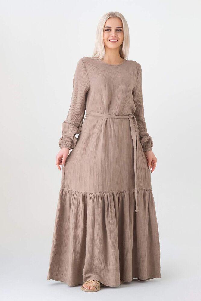 Müslin Kumaş Eteği Büzgü %100 Pamuk Günlük Yazlık Tesettür Elbise - Vizon - WNR2523 - Wenor