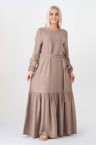 Müslin Kumaş Eteği Büzgü %100 Pamuk Günlük Yazlık Tesettür Elbise - Vizon - WNR2523 - Wenor