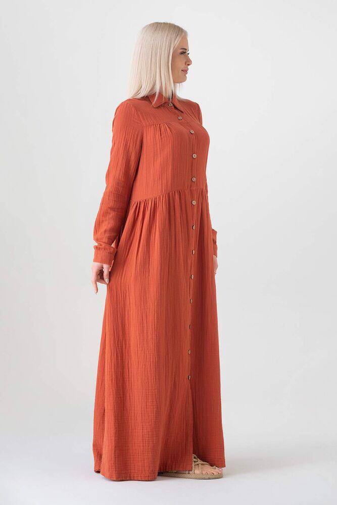 Müslin Kumaş Önden Düğmeli %100 Doğal Pamuk Kumaş Yazlık Uzun Tesettür Elbise - Kiremit - WNR2521 - Wenor