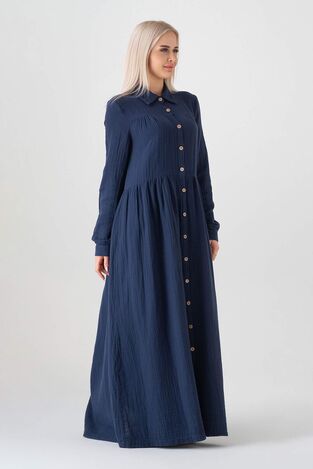 Müslin Kumaş Önden Düğmeli %100 Doğal Pamuk Kumaş Yazlık Uzun Tesettür Elbise - Lacivert - WNR2521 - Wenor