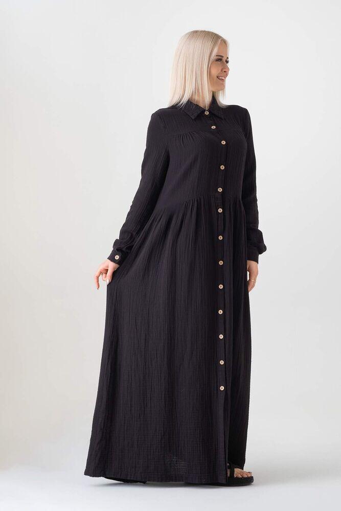 Müslin Kumaş Önden Düğmeli %100 Doğal Pamuk Kumaş Yazlık Uzun Tesettür Elbise - Siyah - WNR2521 - Wenor