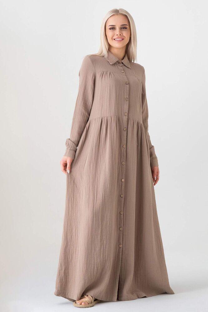 Müslin Kumaş Önden Düğmeli %100 Doğal Pamuk Kumaş Yazlık Uzun Tesettür Elbise - Vizon - WNR2521 - Wenor