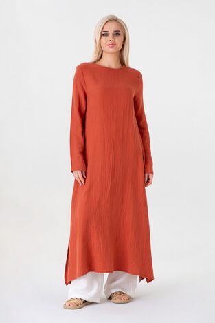 Müslin Kumaş Yandan Yırtmaçlı %100 Pamuk Tesettür Tunik - Kiremit - WNR2501 - Wenor