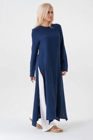 Müslin Kumaş Yandan Yırtmaçlı %100 Pamuk Tesettür Tunik - Lacivert - WNR2501 - Wenor