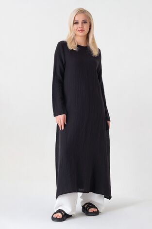 Müslin Kumaş Yandan Yırtmaçlı %100 Pamuk Tesettür Tunik - Siyah - WNR2501 