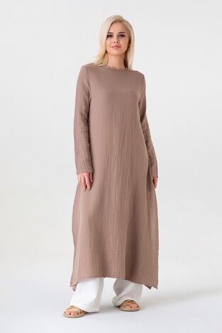 Müslin Kumaş Yandan Yırtmaçlı %100 Pamuk Tesettür Tunik - Vizon - WNR2501 