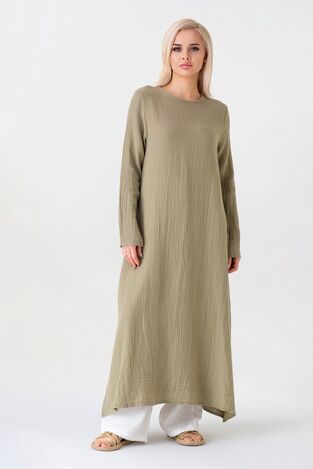 Müslin Kumaş Yandan Yırtmaçlı %100 Pamuk Tesettür Uzun Tunik - Yeşil - WNR2501 - Wenor