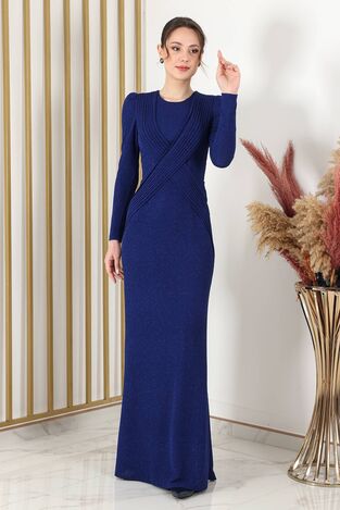 Nervürlü Abiye - Saks - FSC3101 - Fashion Showcase Design