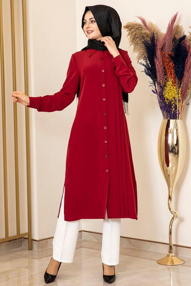 Nervürlü Uzun Tunik Bordo - Fashion Showcase Design - FSC2074 