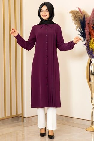 Nervürlü Uzun Tunik Mürdüm - Fashion Showcase Design - FSC2074 