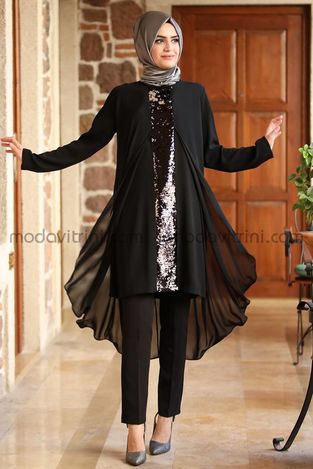 Payet Detaylı Şifon Tunik Siyah - MDV5002 