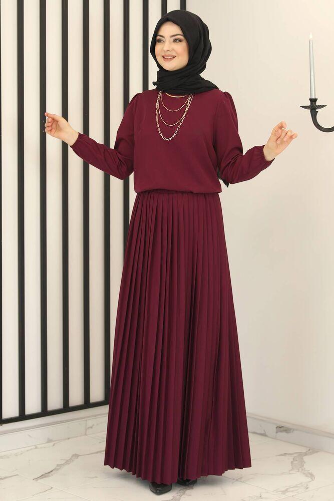 Piliseli Etek - Hakim Yaka Tunik İkili Takım mürdüm - Fashion Showcase Design - FSC3012 