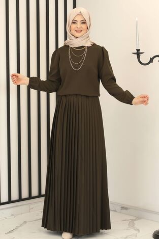 Piliseli Etek - Hakim Yaka Tunik İkili Takım Haki - Fashion Showcase Design - FSC3012 