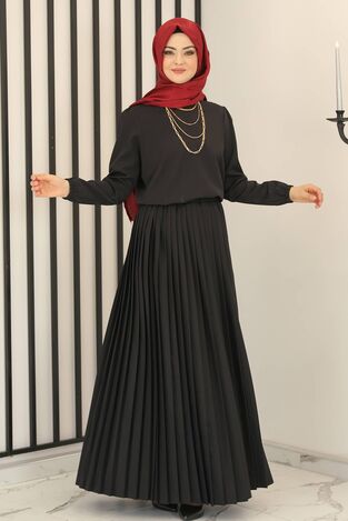 Piliseli Etek - Hakim Yaka Tunik İkili Takım Siyah - Fashion Showcase Design - FSC3012 