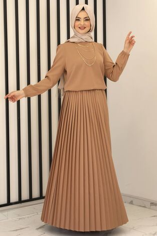 Piliseli Etek - Hakim Yaka Tunik İkili Takım Vizon - Fashion Showcase Design - FSC3012 