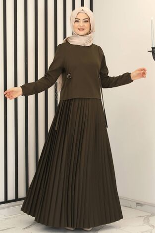 Piliseli Etek - Toka Detay Bluz İkili Takım Haki - Fashion Showcase Design - FSC3013 